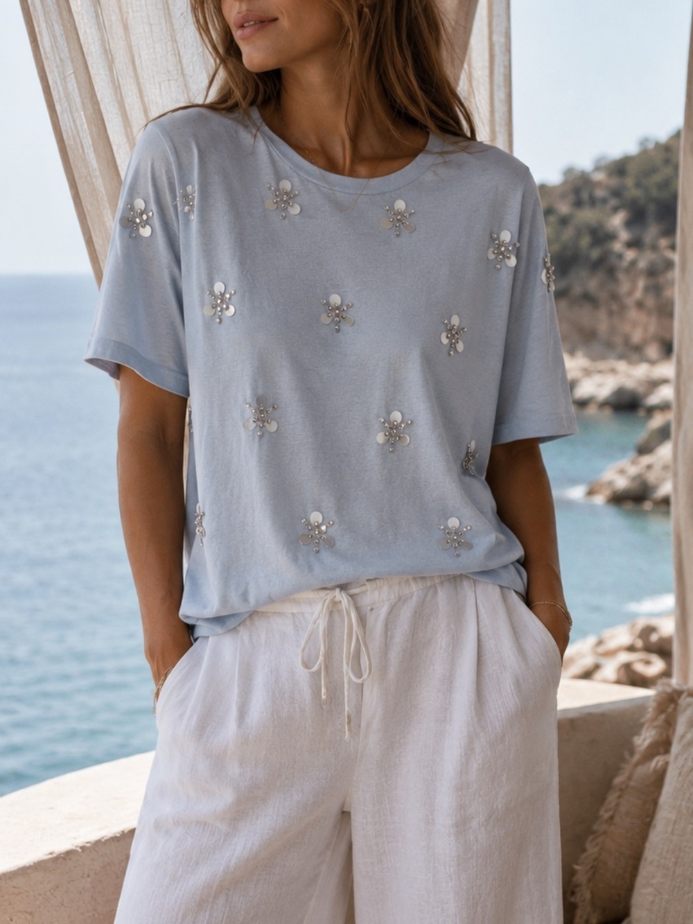 Sandro Paris Light Blue Tiffany Embellished Floral Beaded Tee Shirt Size 2